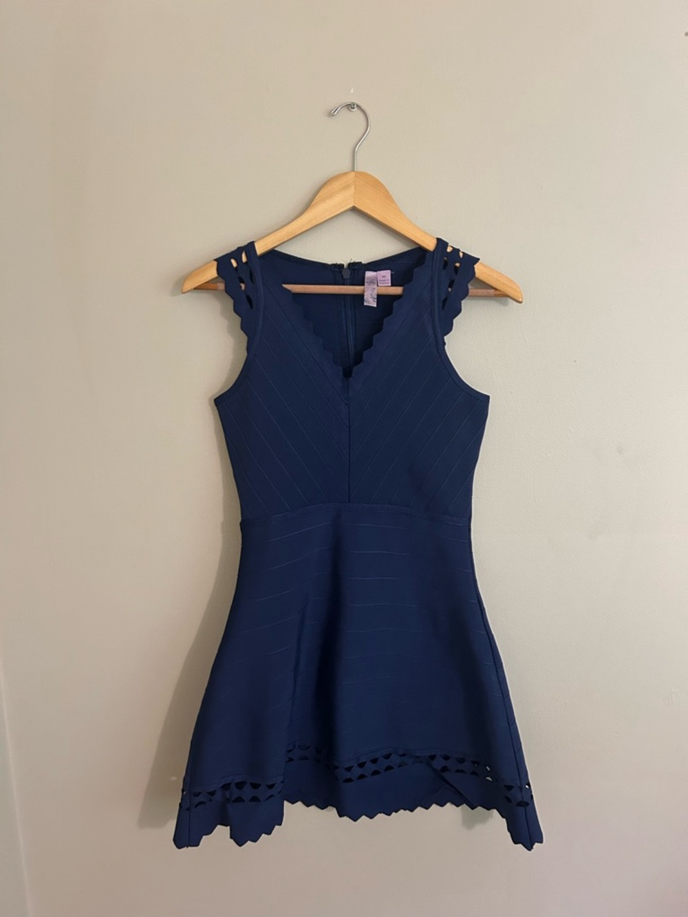 Alya Navy Blue Fit-and-Flare Dress with Scalloped Trim